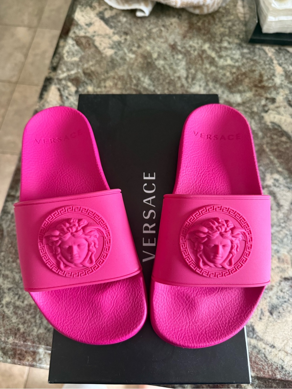 Versace Pink Slide Sandals with Embossed Medusa Strap